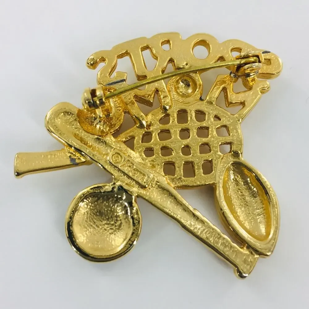 Vintage Ren Sports Mom Brooch Gold Tone Tennis Baseball Football Pin